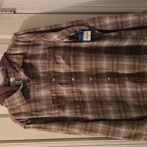ARIZONA JEAN CO MENS LIGHT BROWN AND WHITE PLAID HOODED FLANNEL SHIRT MEDIUM